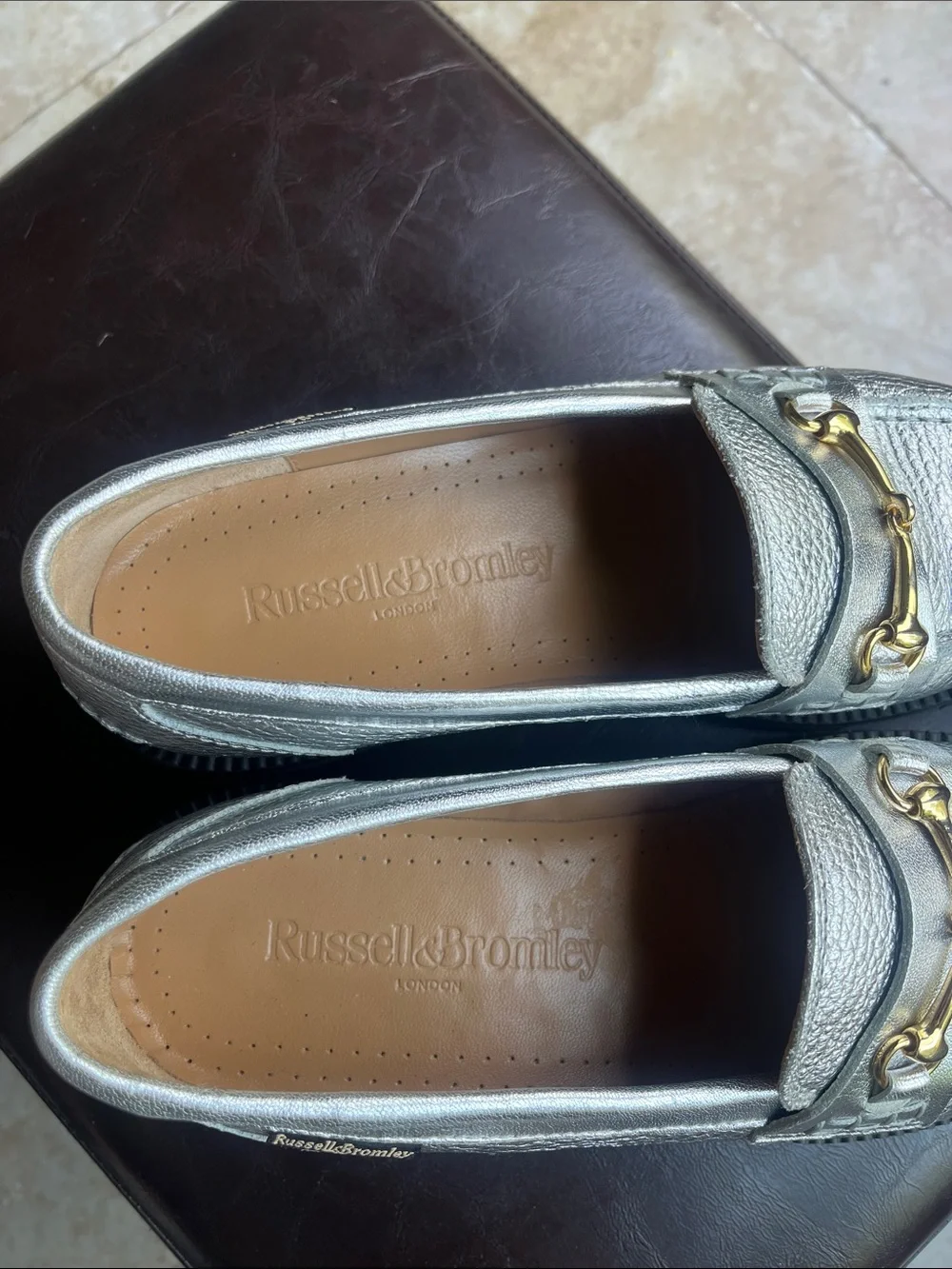 Russell & Bromley Silver Metallic Leather Loafers with Gold Bit New without Box